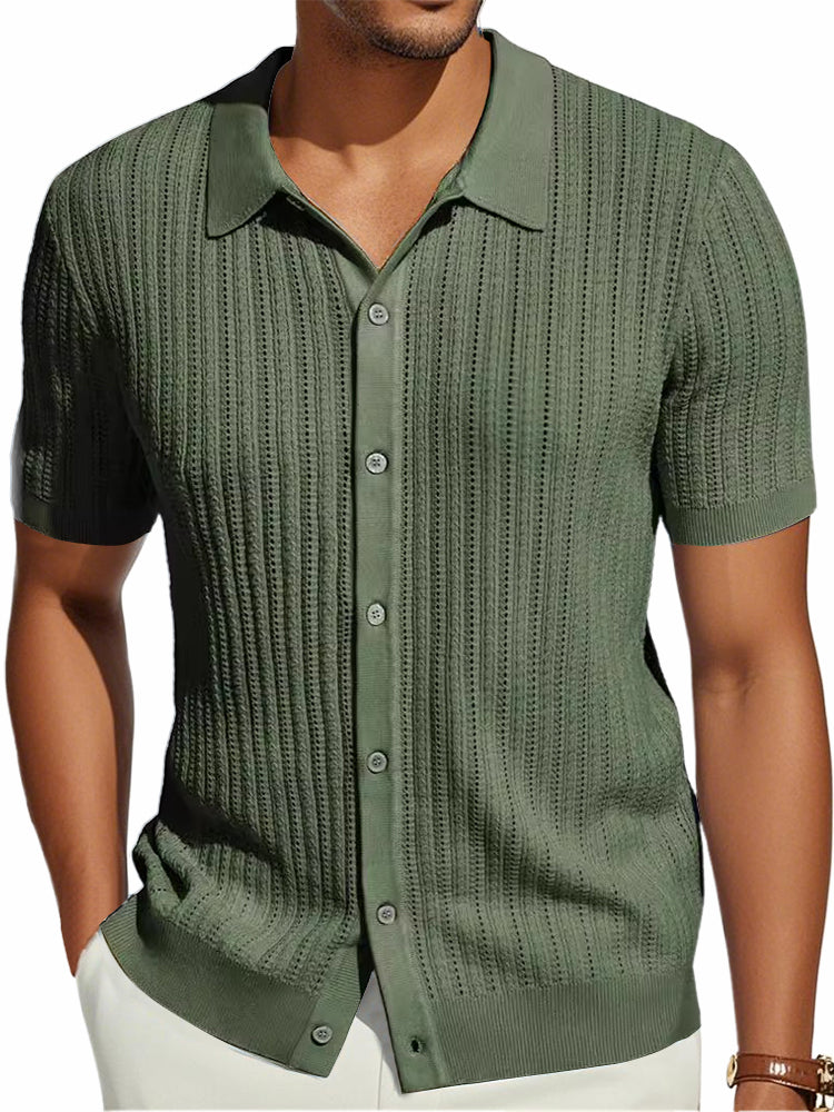 Men's Knitted Retro Fashion Striped Stretch Casual Short-sleeved Shirt