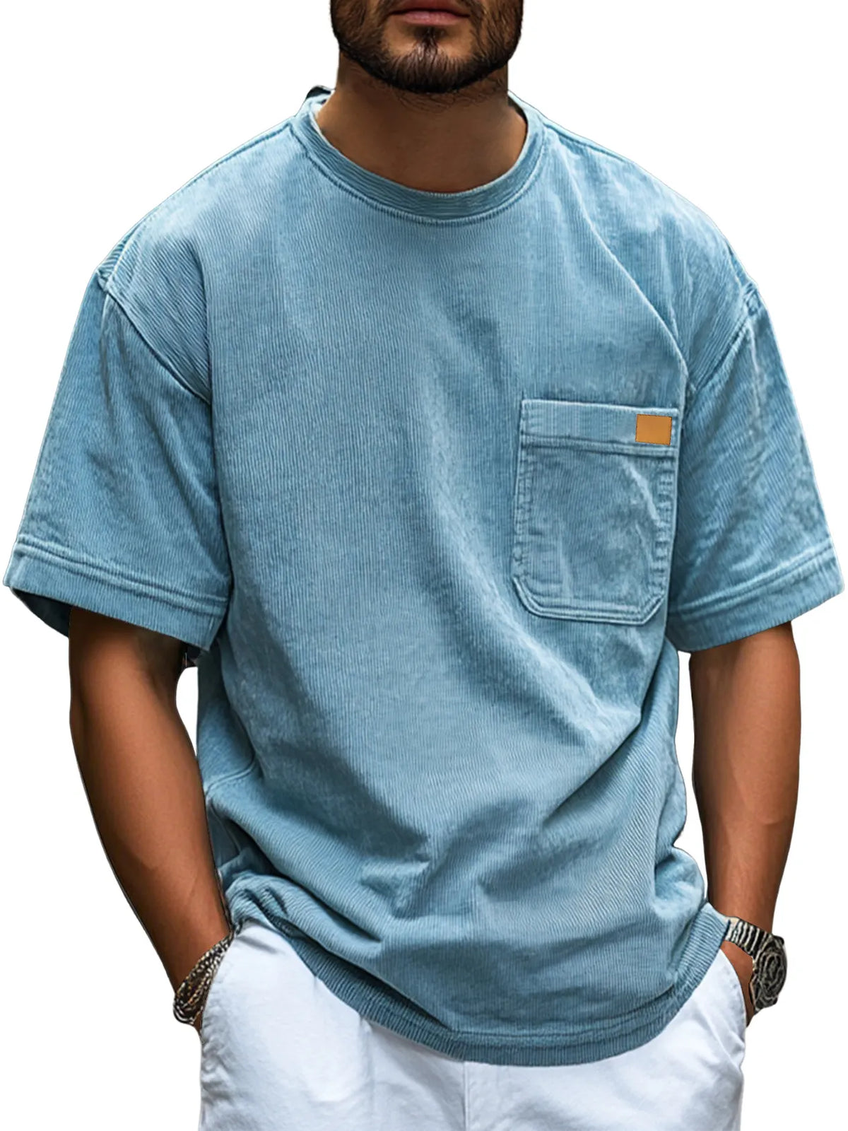 Men's Fashion Retro Corduroy Simple Embroidered Logo Pocket Casual Short-sleeved T-shirt