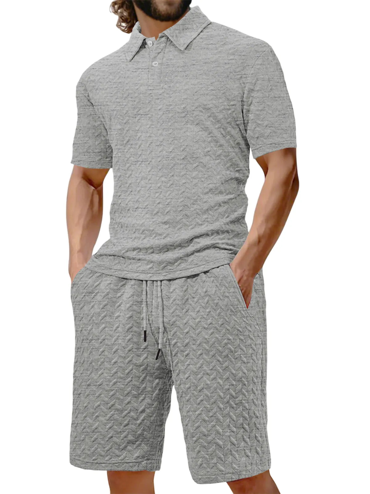 Men's Jacquard Texture Holiday Casual Polo Shirt Lapel Short-sleeved Shorts Suit