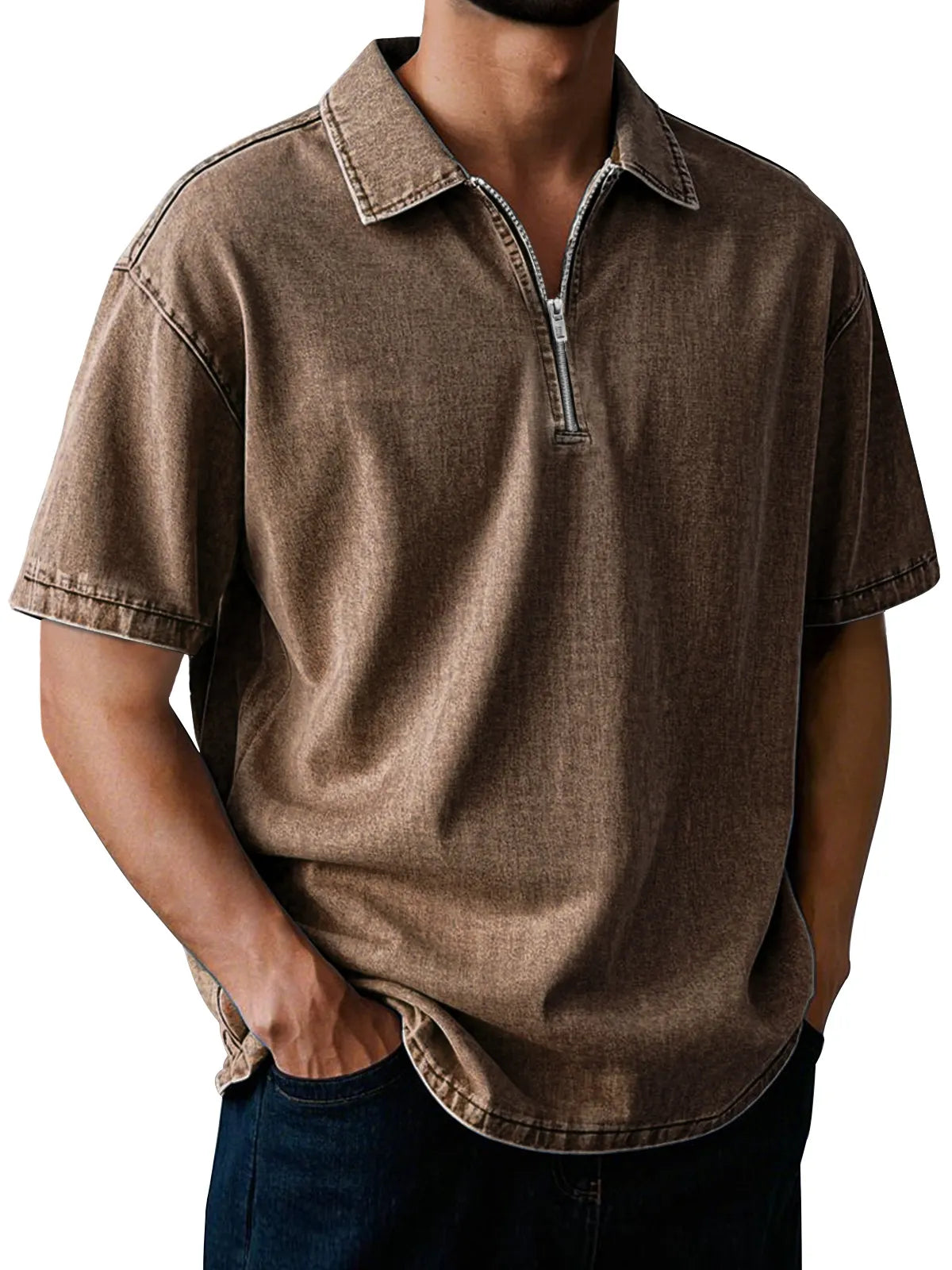 Men's Casual Retro Lapel Zipper Solid Color Short Sleeve POLO Shirt