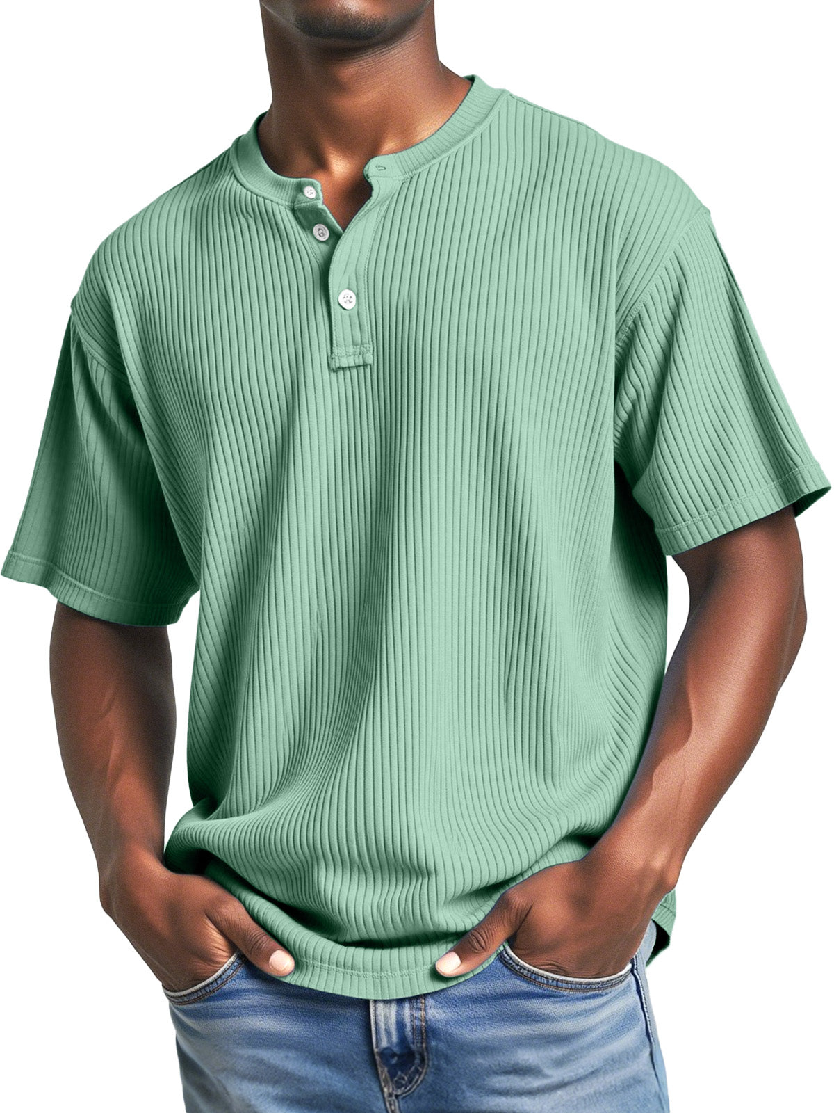 Men's Casual Solid Color Simple Pitted Texture Short-sleeved Henley Shirt
