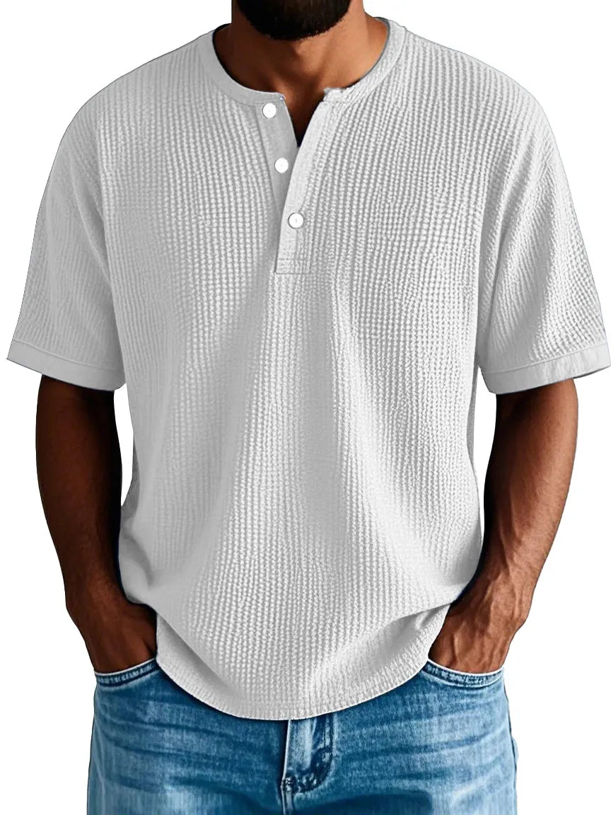 Men's Fashion Casual Pleated Fabric Short-sleeved Vintage Henley Shirt