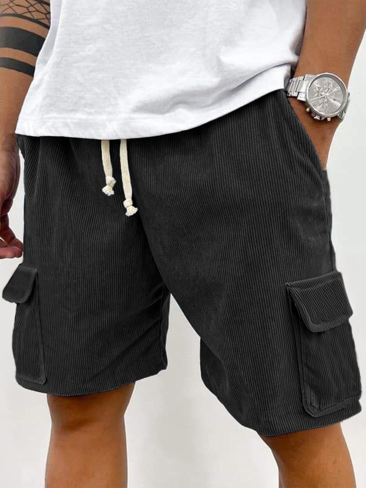 Men's Corduroy Stylish Multi-Pocket Lace Up Utility Casual Cargo Shorts