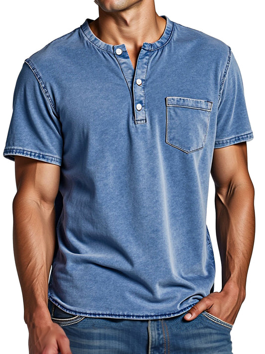 Men's Vintage Solid Color Pocket Button Short Sleeve Henley Shirt