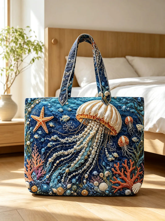 Ocean Jellyfish Starfish Coral Seashell Patchwork Quilted Tote Bag