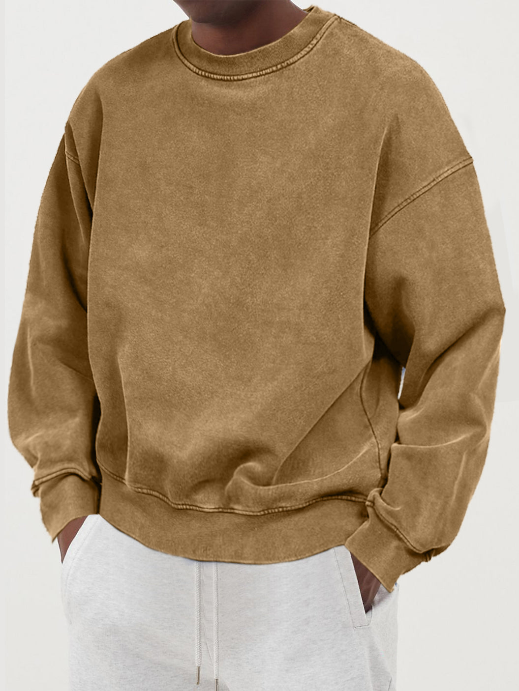 Men's Distressed Washed Cotton Round Neck Long-sleeved Sweatshirt