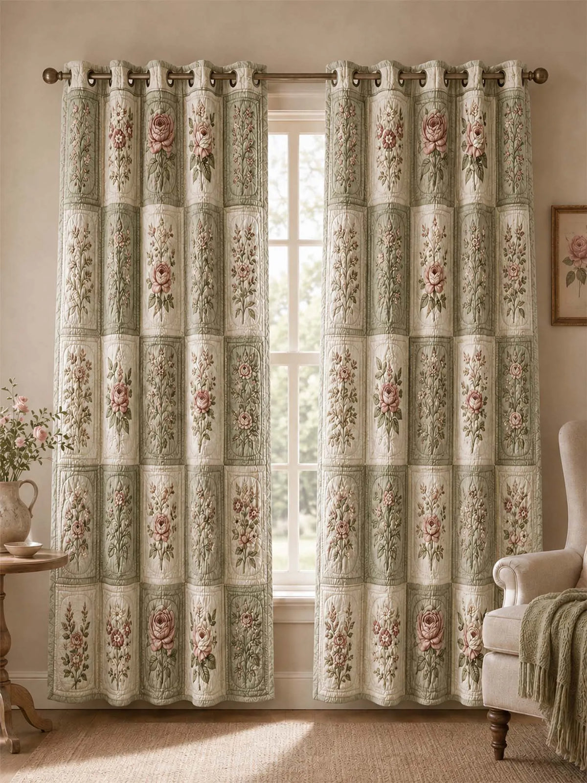 Vintage Rose Patchwork Quilted 2-Panel Curtain Set