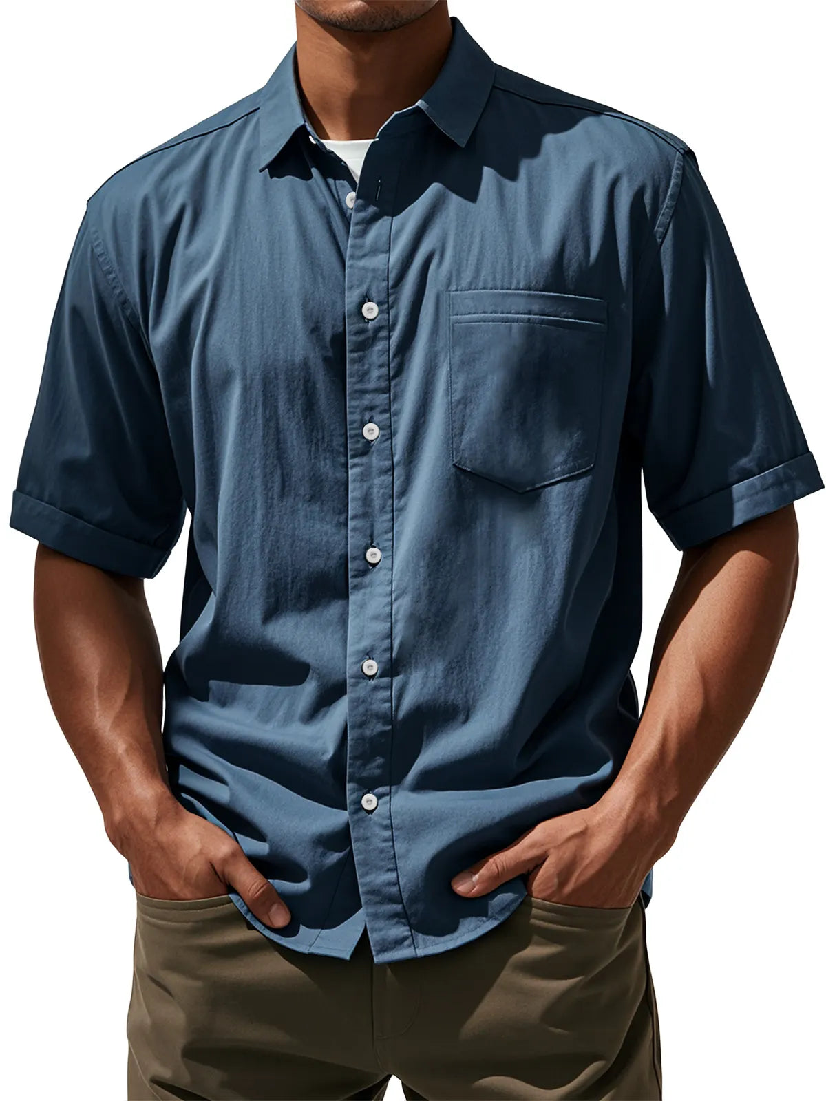 Men's Daily Casual Pocket Solid Color Comfortable Short Sleeve Shirt
