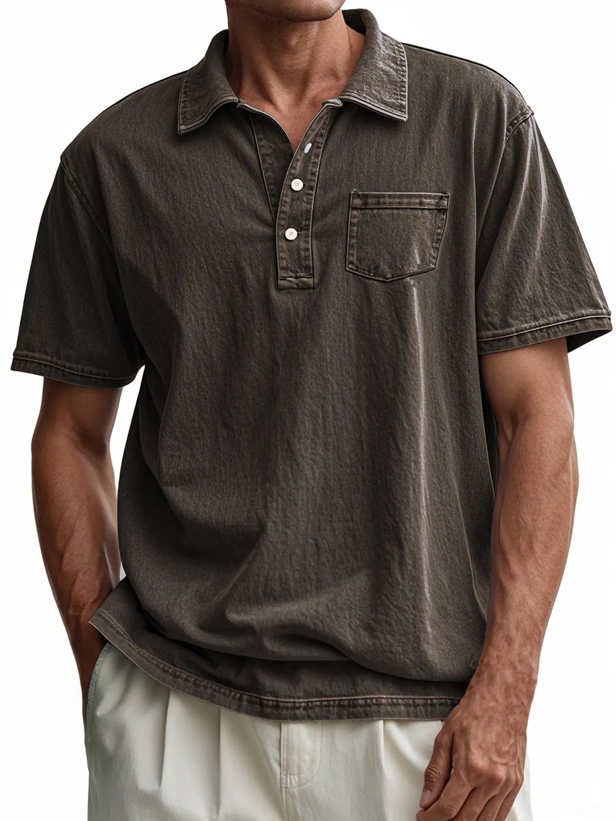 Men's Vintage Distressed Button-Down Short Sleeve POLO Shirt With Chest Pocket