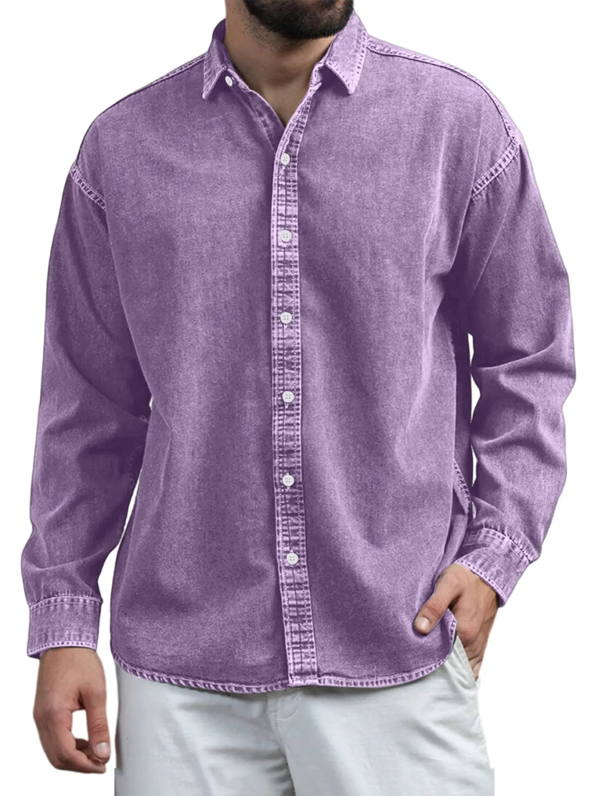 Men's Retro Casual Solid Color Lapel Long Sleeve Shirt