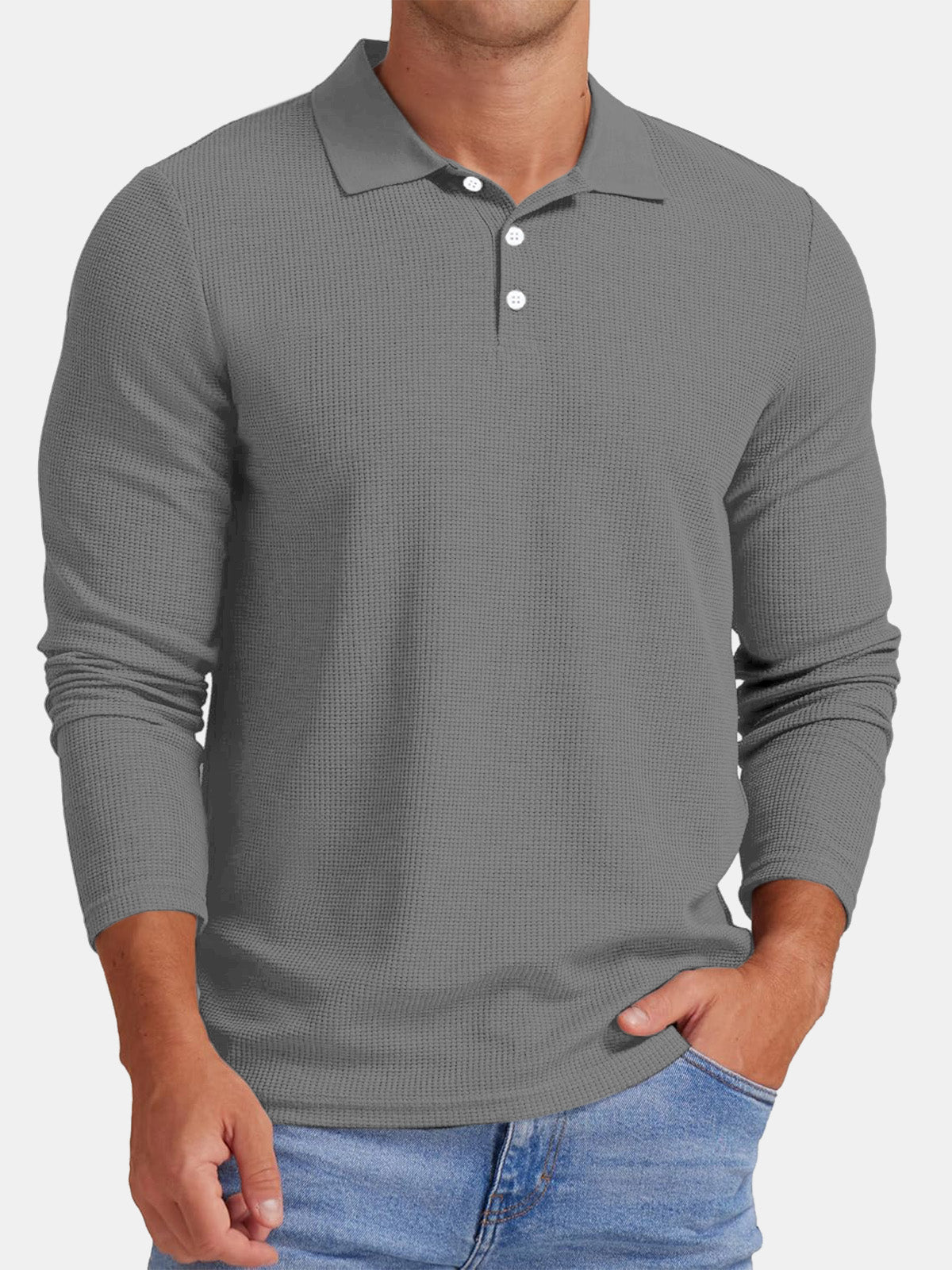 Men's Autumn Comfortable Solid Color Waffle Button Long Sleeve Polo Shirt