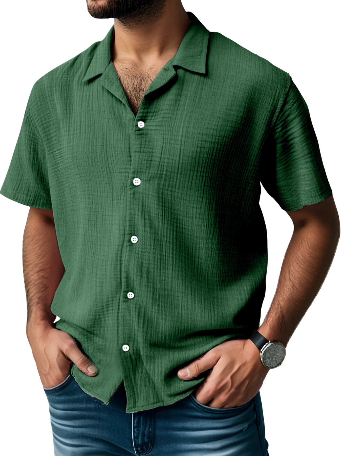 Men's Everyday Solid Color Pleated Texture Short-sleeved Shirt