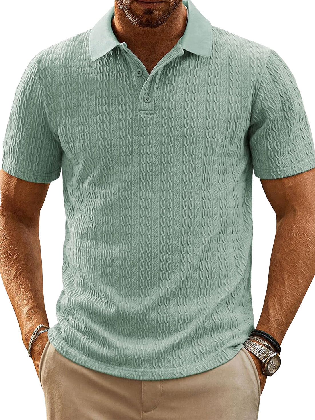 Men's Fashion Everyday Jacquard Fabric Short-sleeved Lapel Pocket Polo Shirt