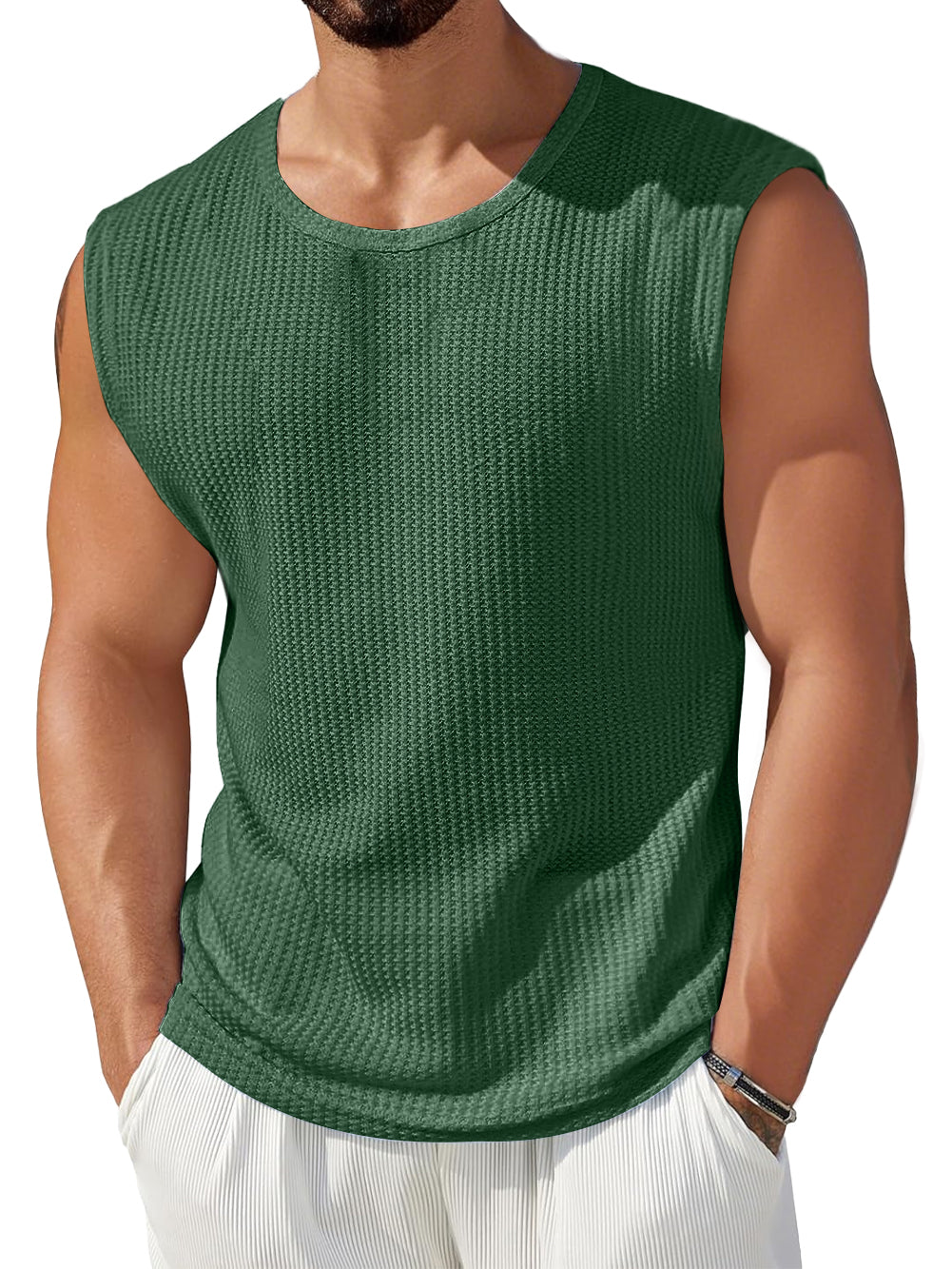 Men's Daily Waffle Round Neck Casual Solid Color Sleeveless Vest