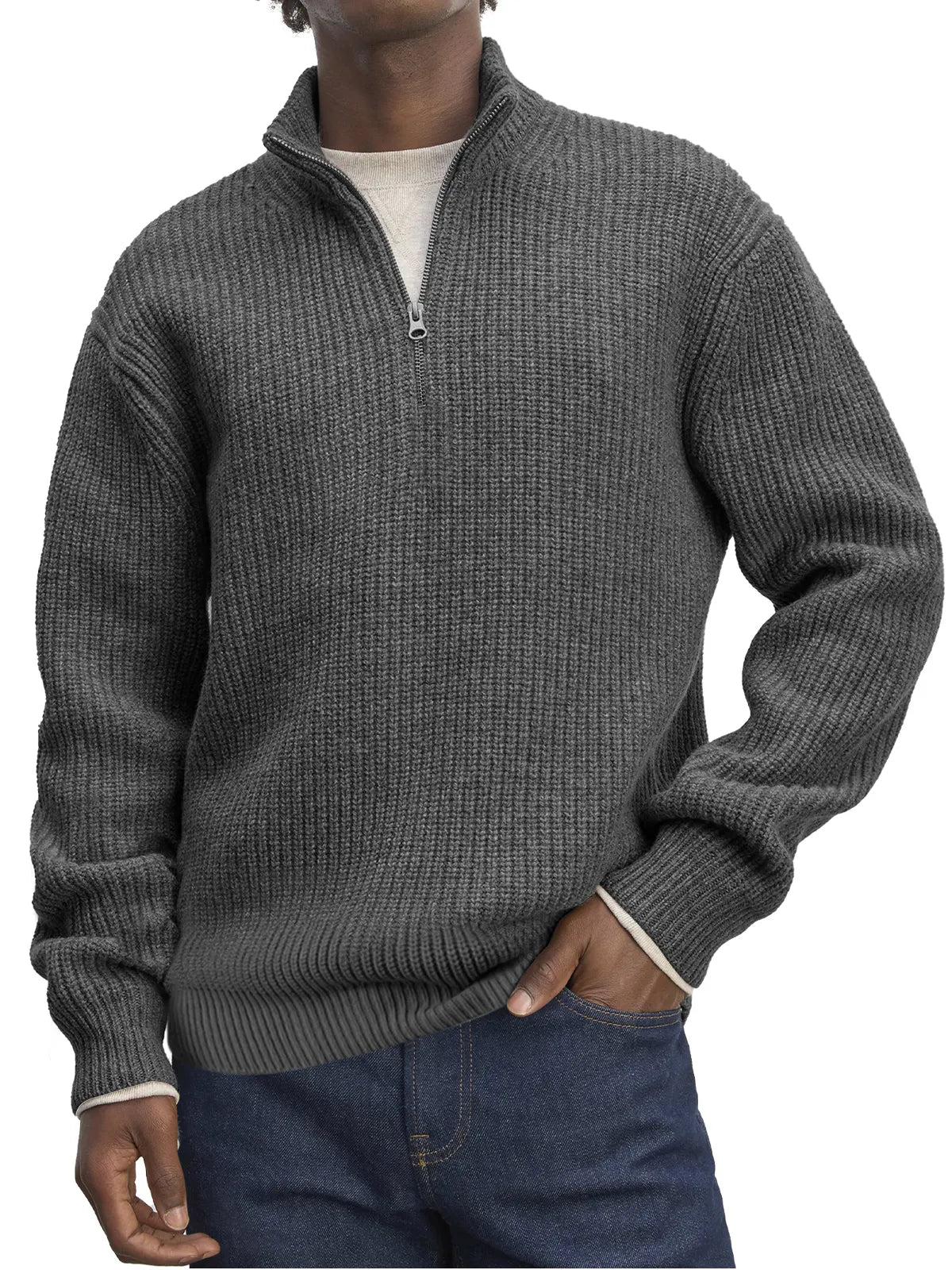 Men's Casual Stand Collar Zipper Solid Color Comfortable Knitted Sweater