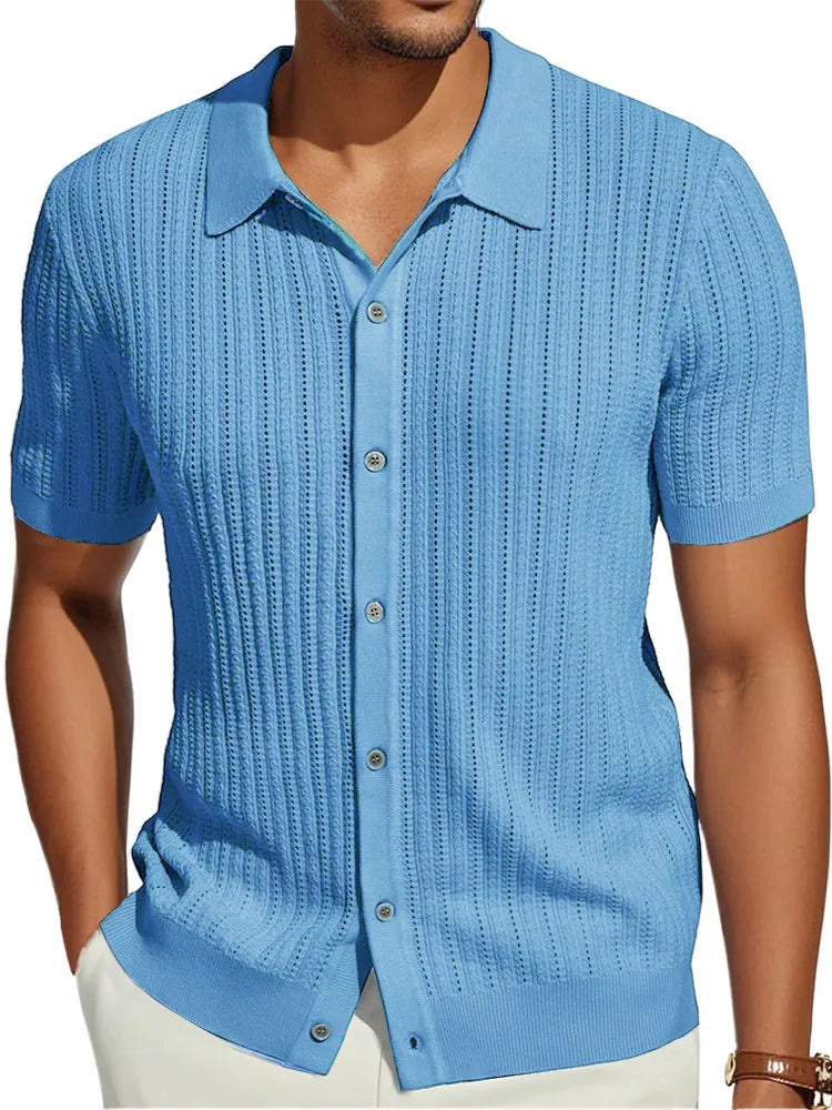 Men's Knitted Retro Fashion Striped Stretch Casual Short-sleeved Shirt
