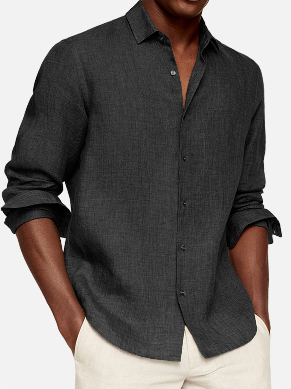Men's Casual Cotton And Linen Solid Color Lapel Comfortable Long-sleeved Shirt