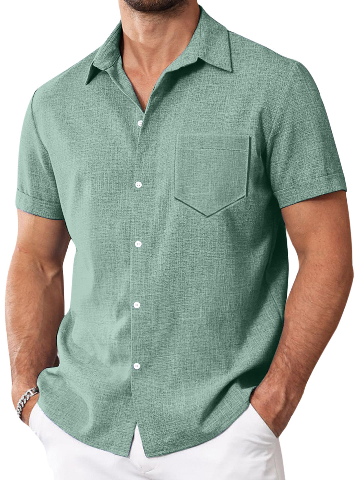 Men's Simple Solid Color Imitation Linen Lapel Button-down Short-sleeved Shirt