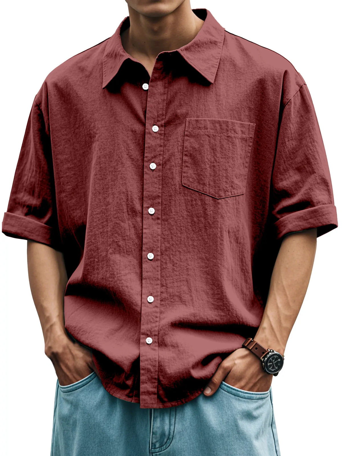 Men's Casual Everyday Solid Color Plaid Short Sleeve Button-down Shirt