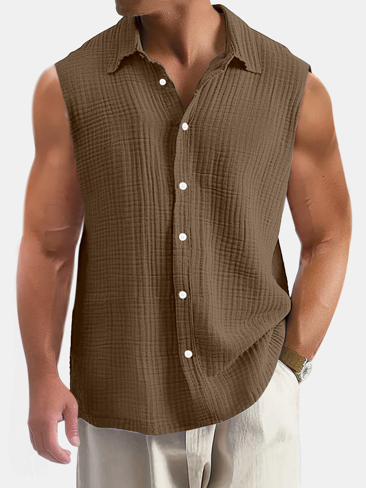 Men's Summer Casual Simple Puff Wrinkle Sleeveless Shirt