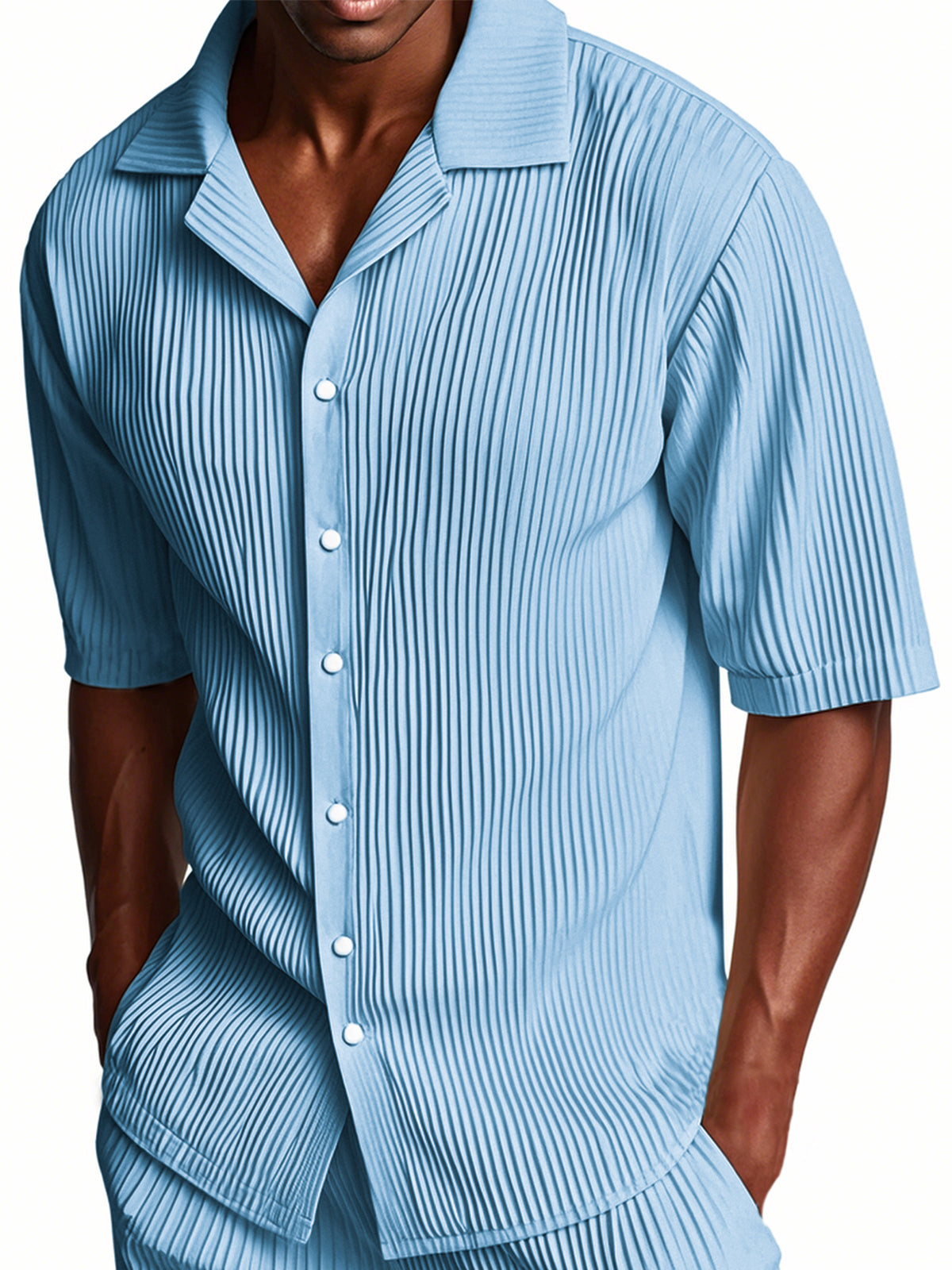 Men's Pleated Cuban Collar Casual Ribbed Fabric Short Sleeve Lapel Shirt