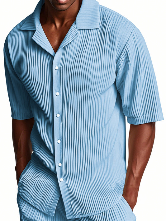 Men's Pleated Cuban Collar Casual Ribbed Fabric Short Sleeve Lapel Shirt