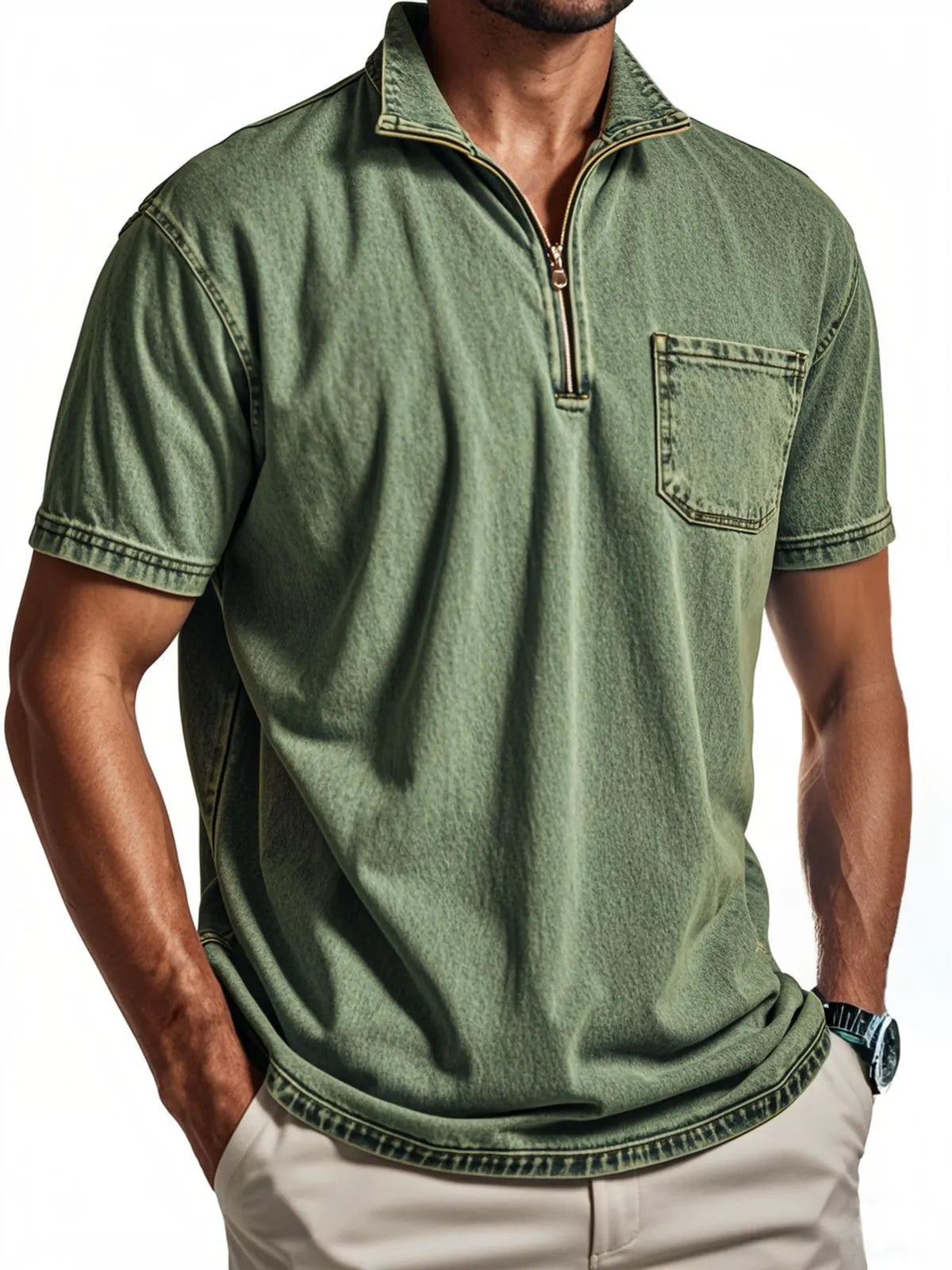 Men's Vintage Distressed Quarter Zip Polo Shirt With Chest Pocket