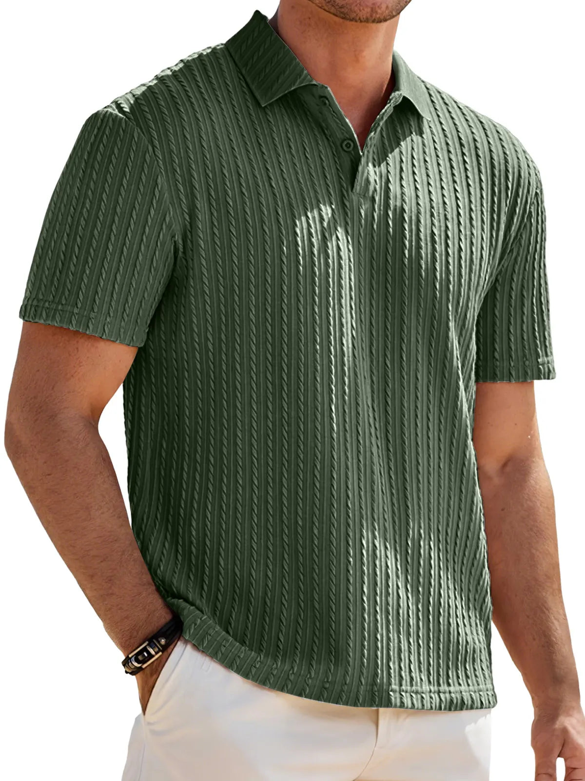 Men's Jacquard Texture Casual Lapel Button Solid Color Short-sleeved Polo Shirt