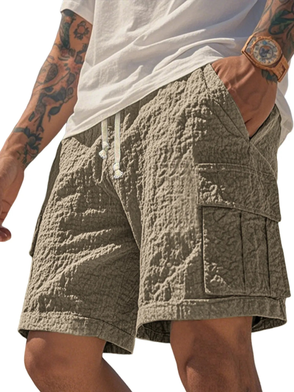 Men's Comfortable Seersucker Pleated Multi-Pocket Cargo Shorts Textured Casual Loose Casual Shorts