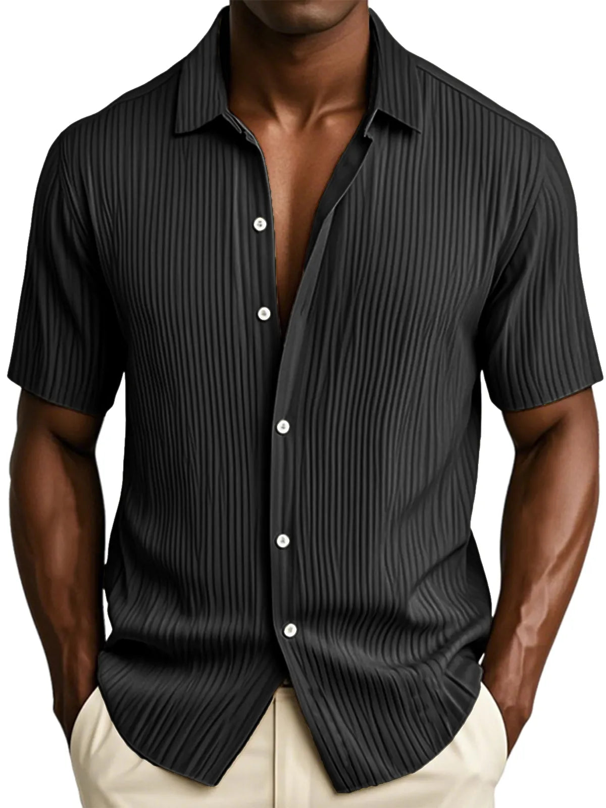 Men's Textured Vertical Striped Ice Silk Ripped Casual Button-down Short-sleeved Shirt