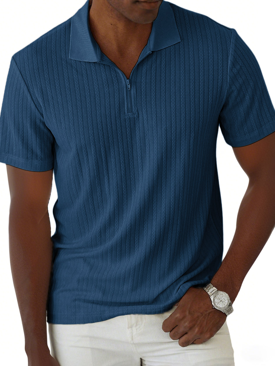 Men's Jacquard Casual Quarter Zip Lapel Short Sleeve Polo Shirt