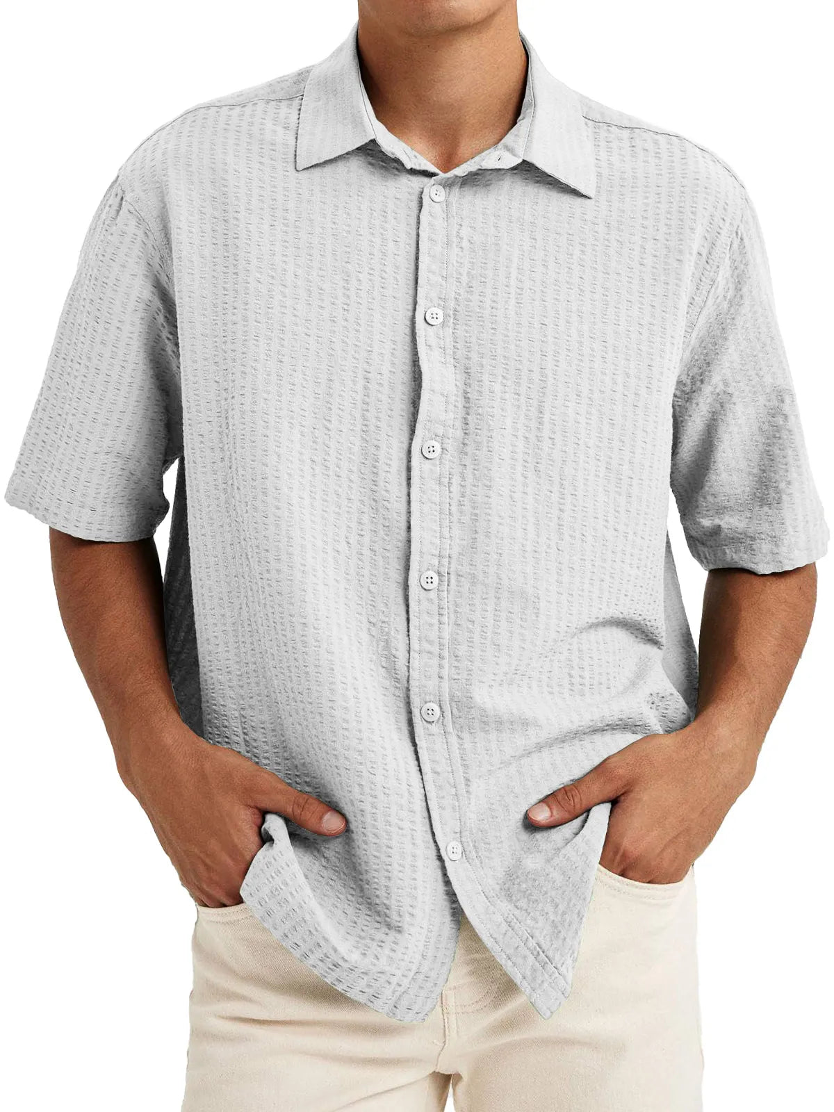 Men's Casual Textured Lapel Solid Color Short-sleeved Shirt