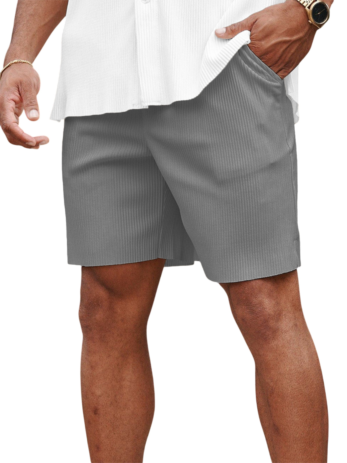 Men's Casual Pit Stripe Pleated Elastic Stretch Shorts with Side Pockets