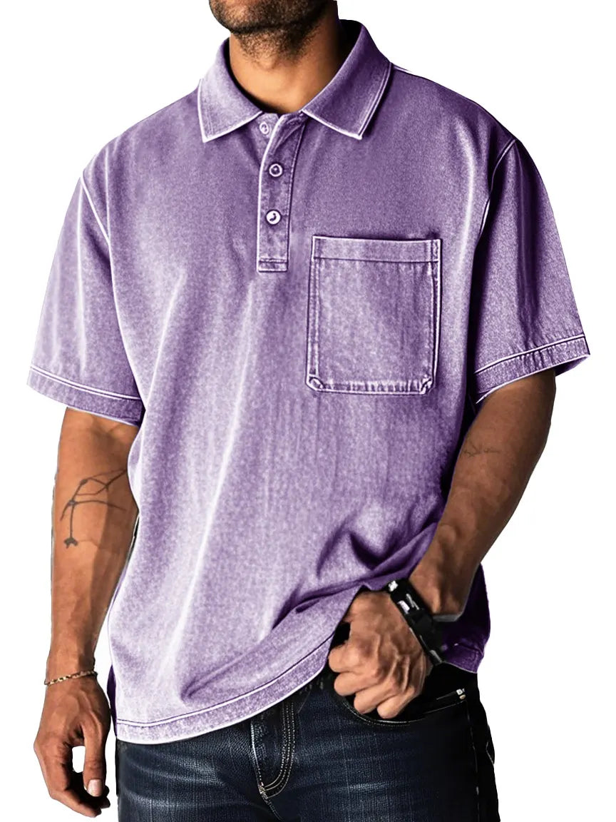 Men's Fashion Retro Distressed Pocket Short Sleeve Lapel Polo Shirt