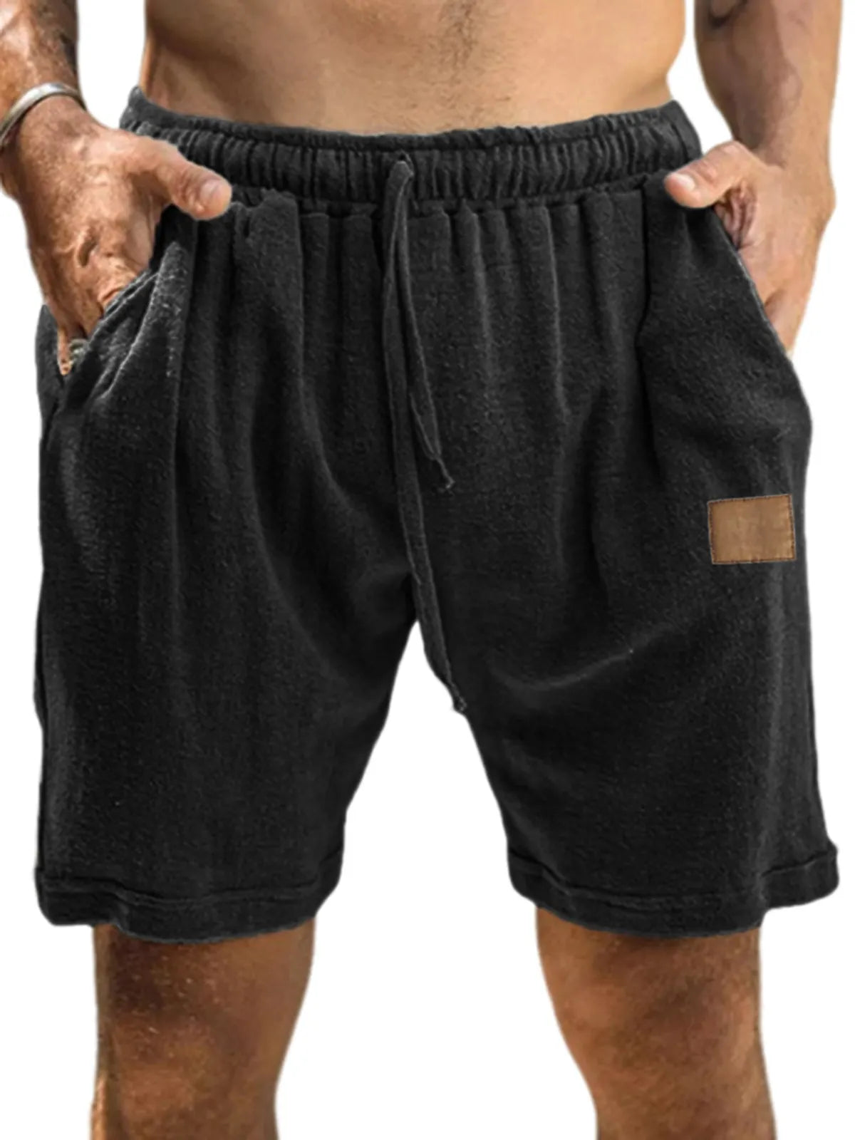 Men's Textured Comfort Embroidered Logo Holiday Casual Lace-Up Shorts with Side Pockets