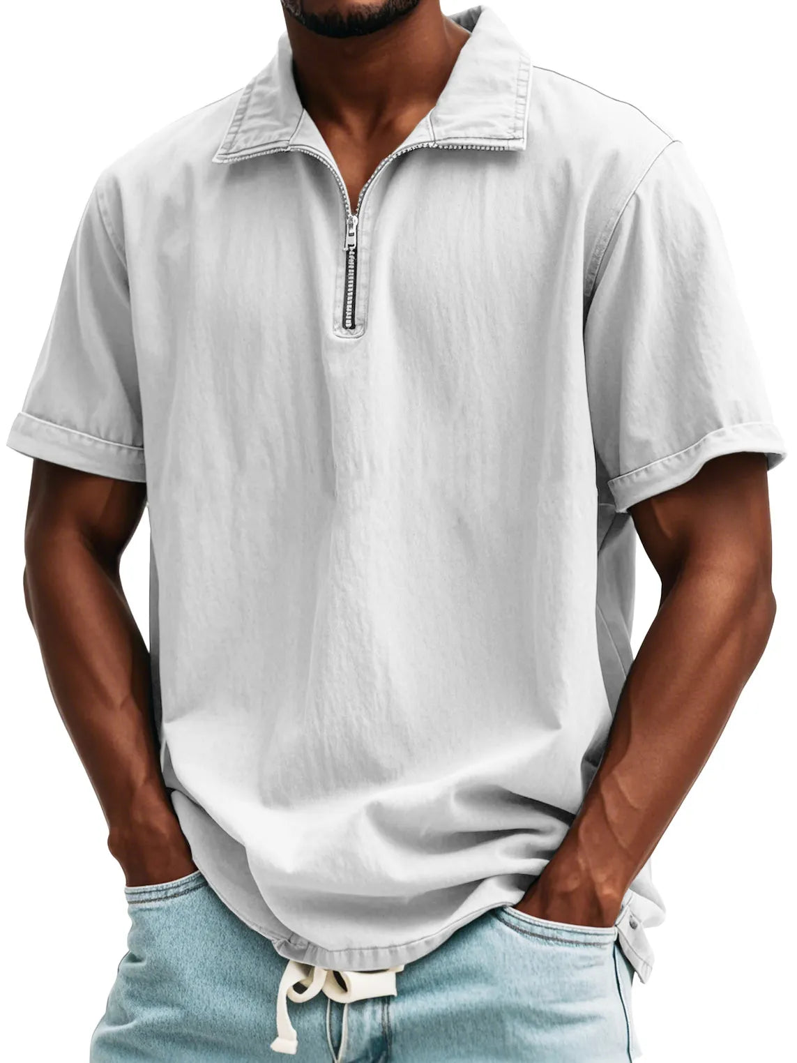 Men's Fashion Retro Zipper Stand Collar Short Sleeve Shirt