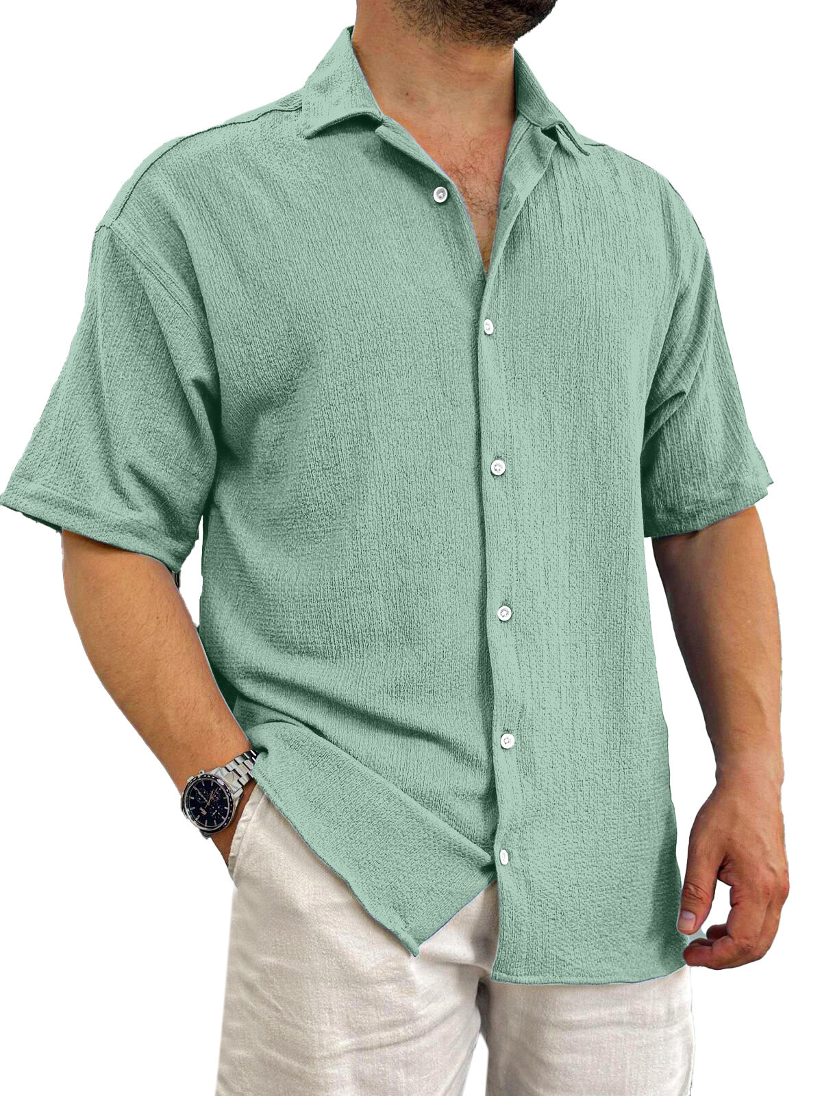 Men's Casual Daily Solid Color Texture Solid Color Short-sleeved Shirt