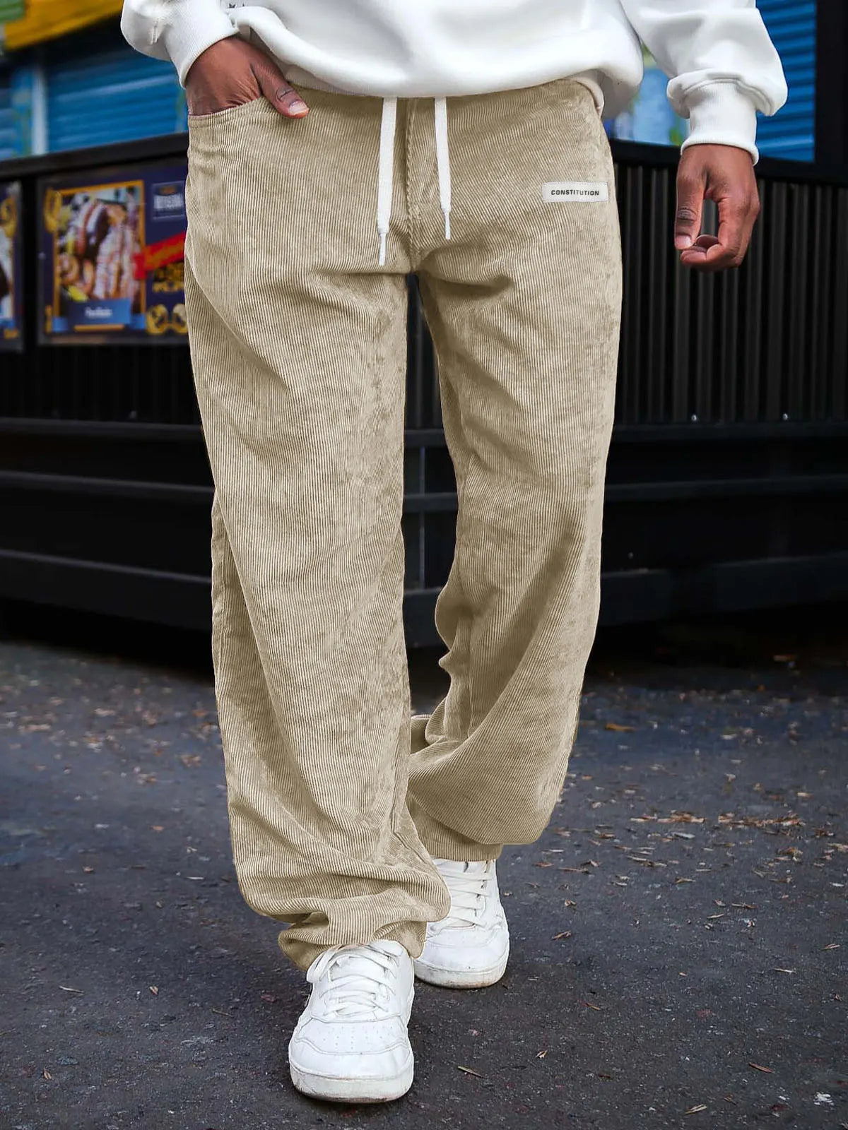 Men's Fashion Daily Corduroy Ribbed Fabric Embroidered Logo Elastic Waist Trousers