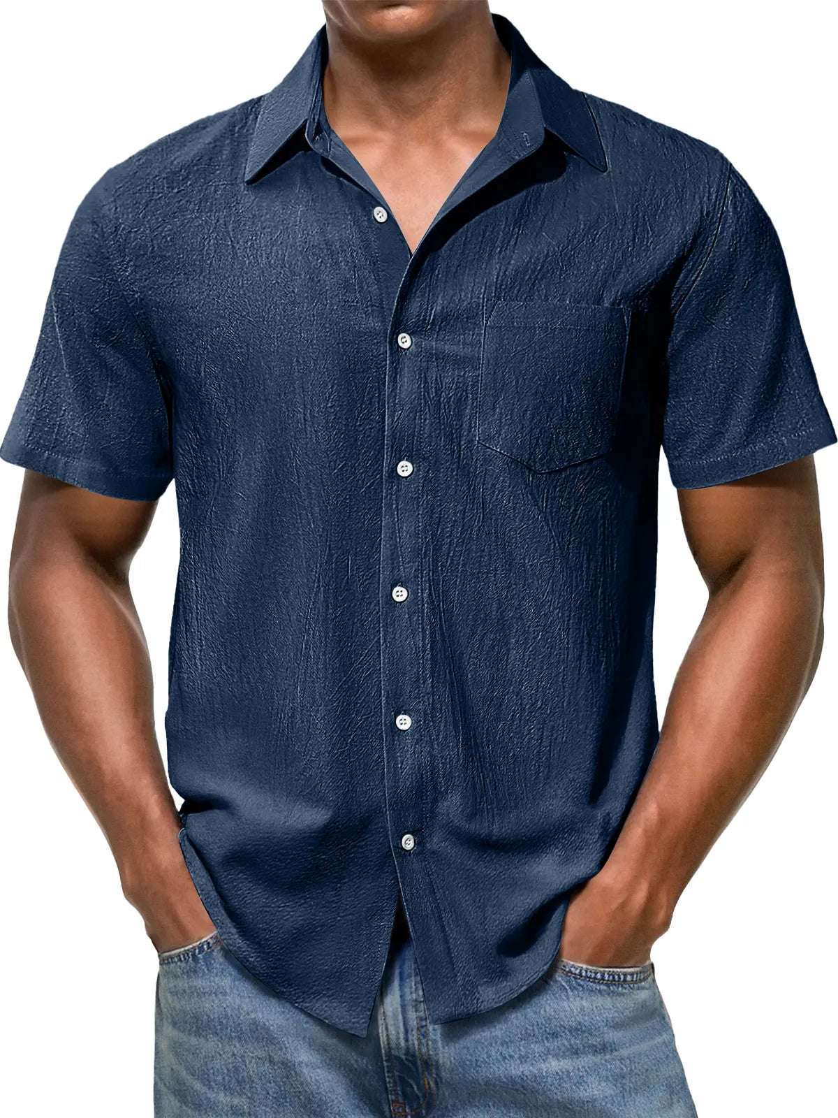 Men's Casual Texture Lapel Pocket Solid Color Comfortable Short Sleeve Shirt
