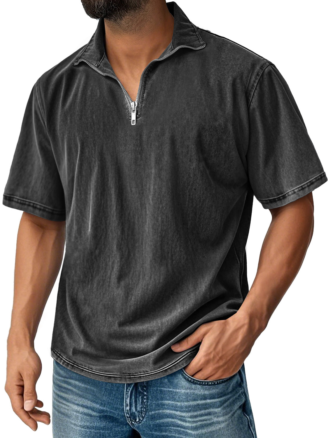 Men's Retro Stand Collar Zipper Casual Solid Color Short Sleeve T-shirt