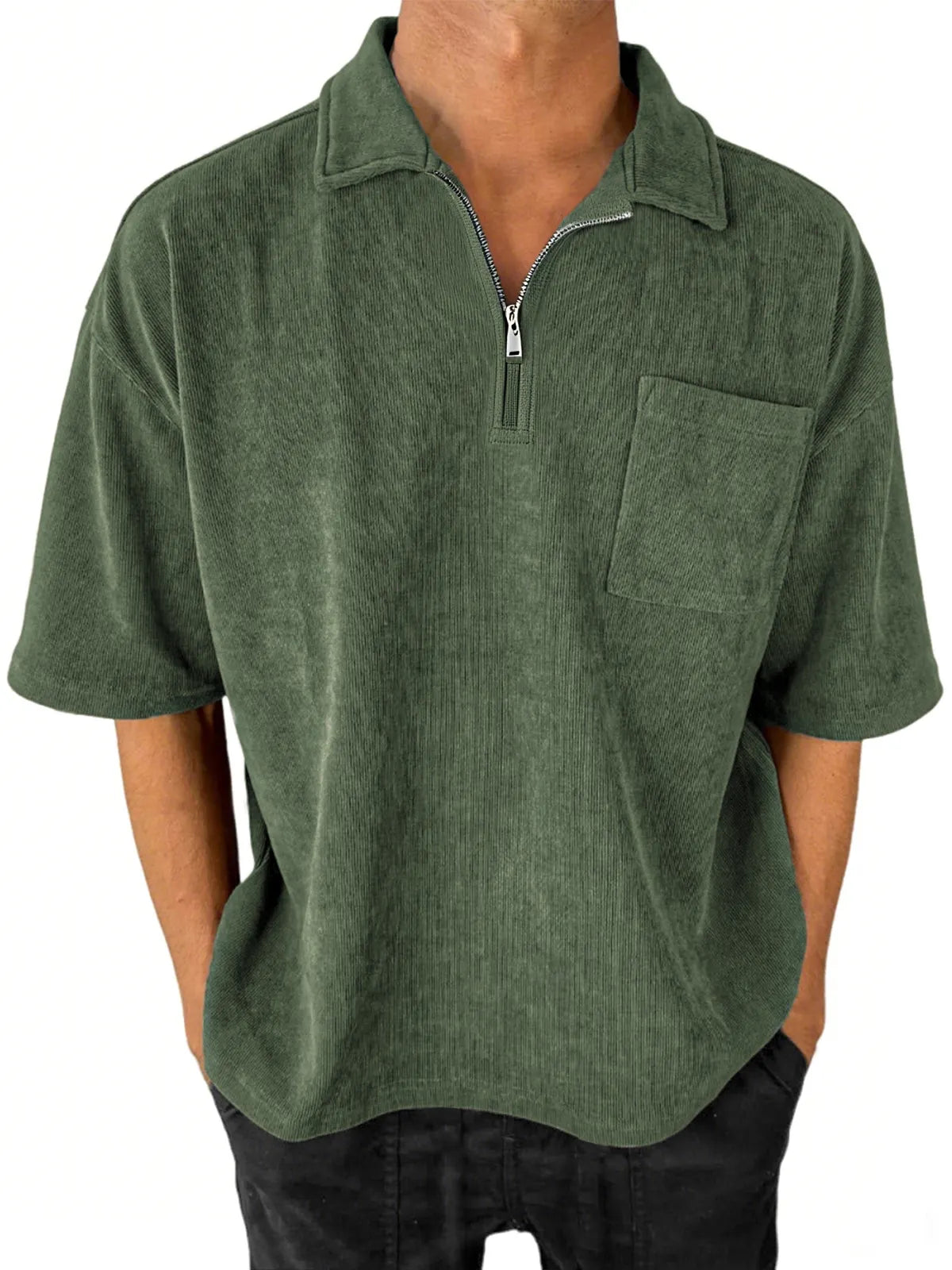 Men's Stylish Ribbed Quarter-Zip Lapel Corduroy Casual POLO Shirt With Chest Pocket