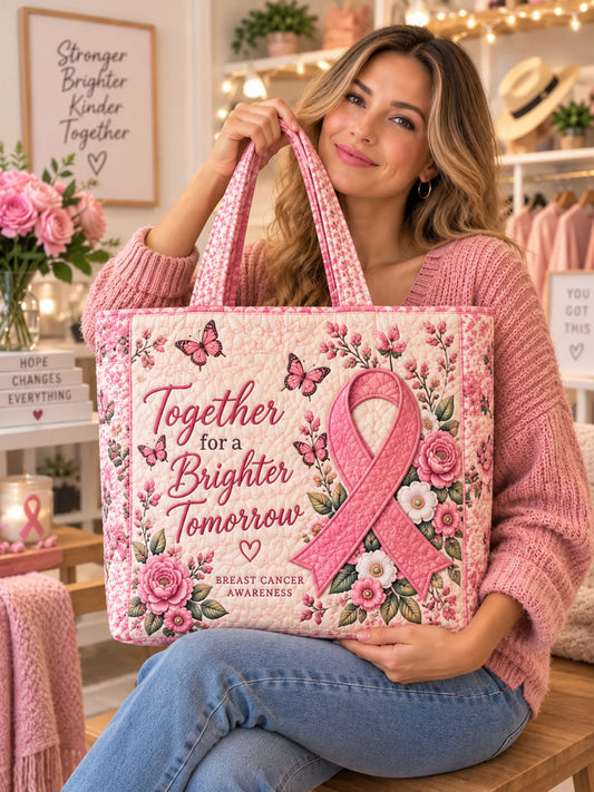 Together For A Brighter Tomorrow Pink Ribbon Patchwork Quilted Tote Bag