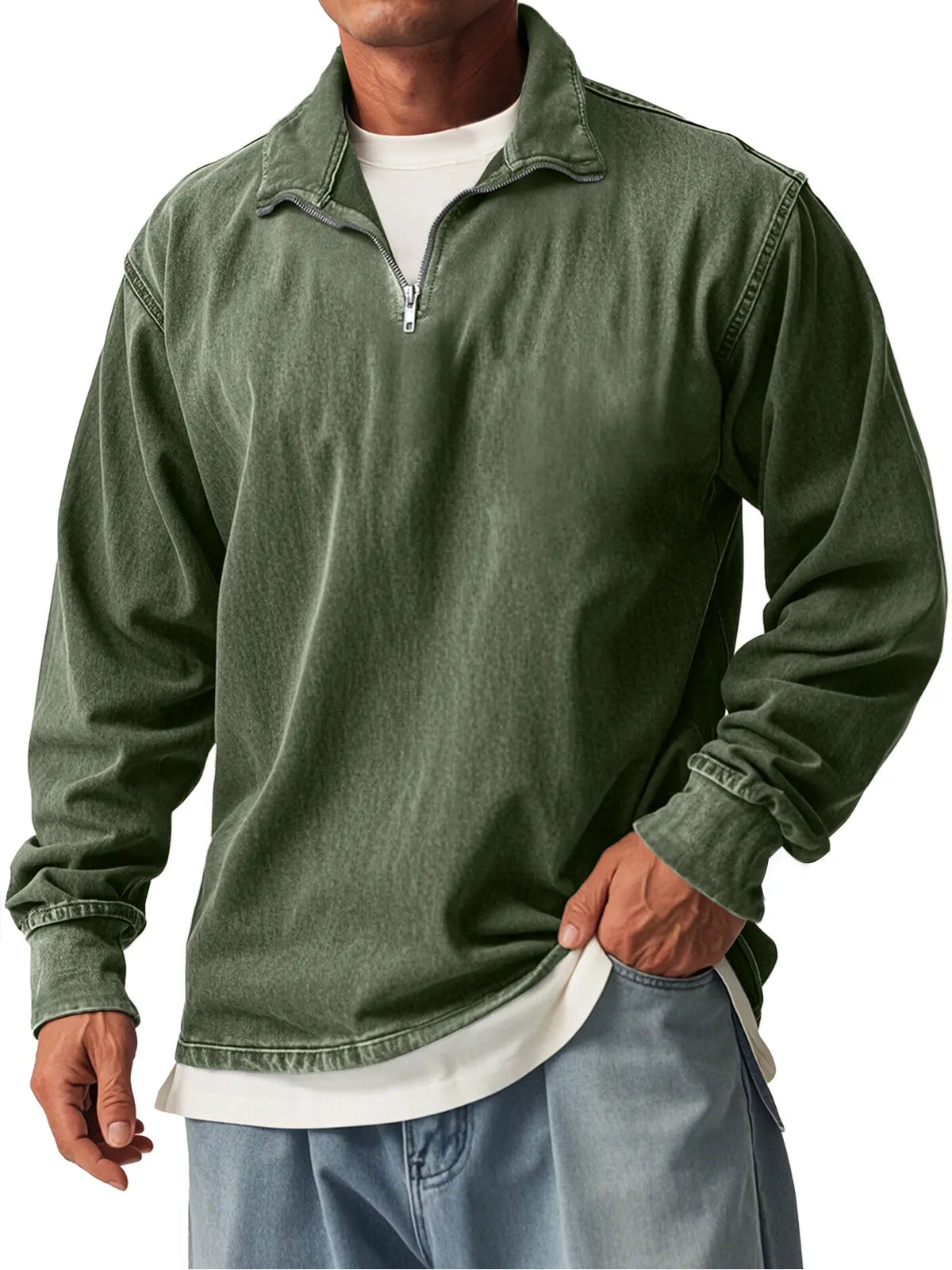 Men's Retro Casual Stand Collar Zipper Long Sleeve T-Shirt