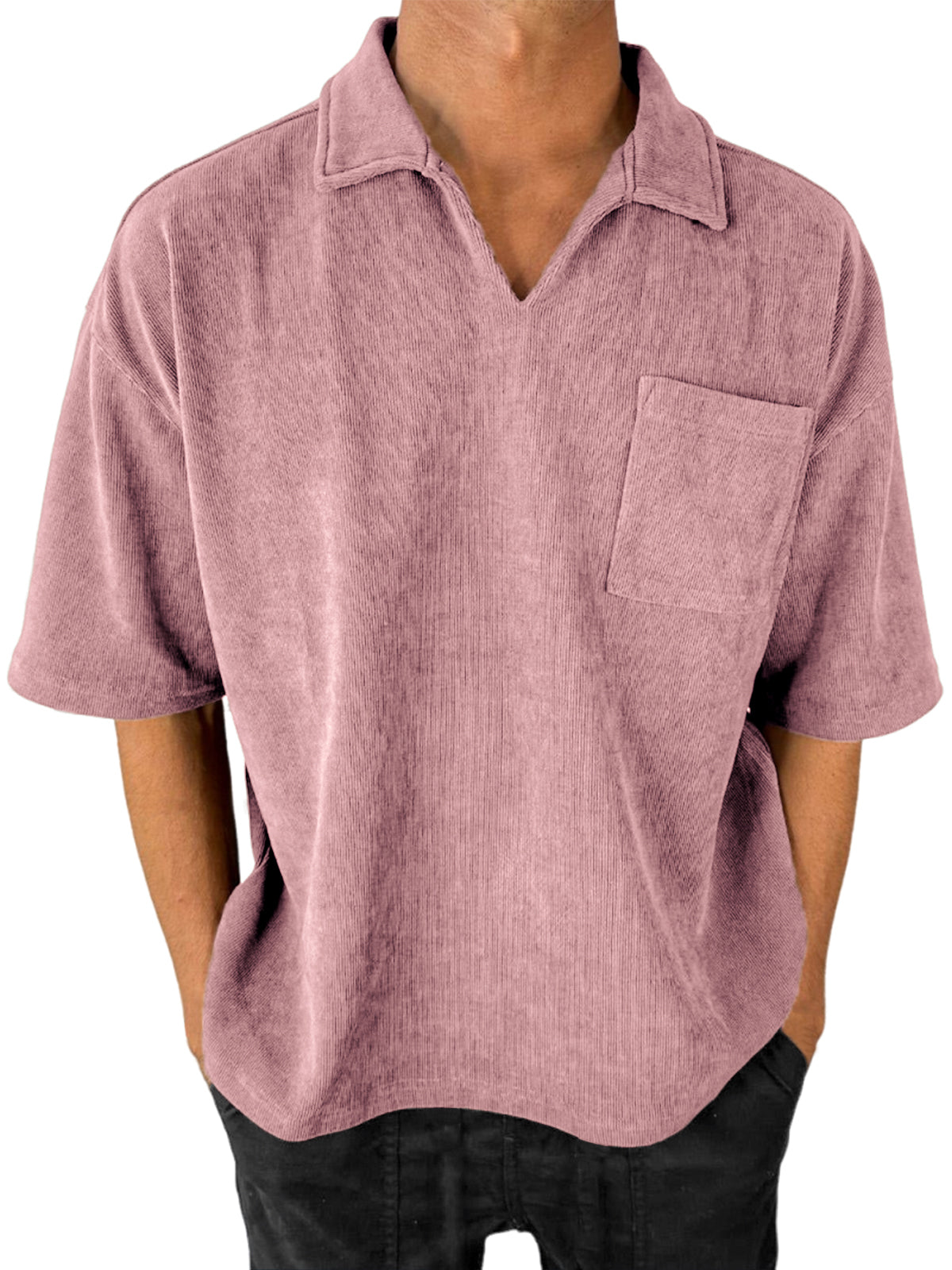 Men's Stylish V-Neck Ribbed Corduroy Casual POLO Shirt With Chest Pocket