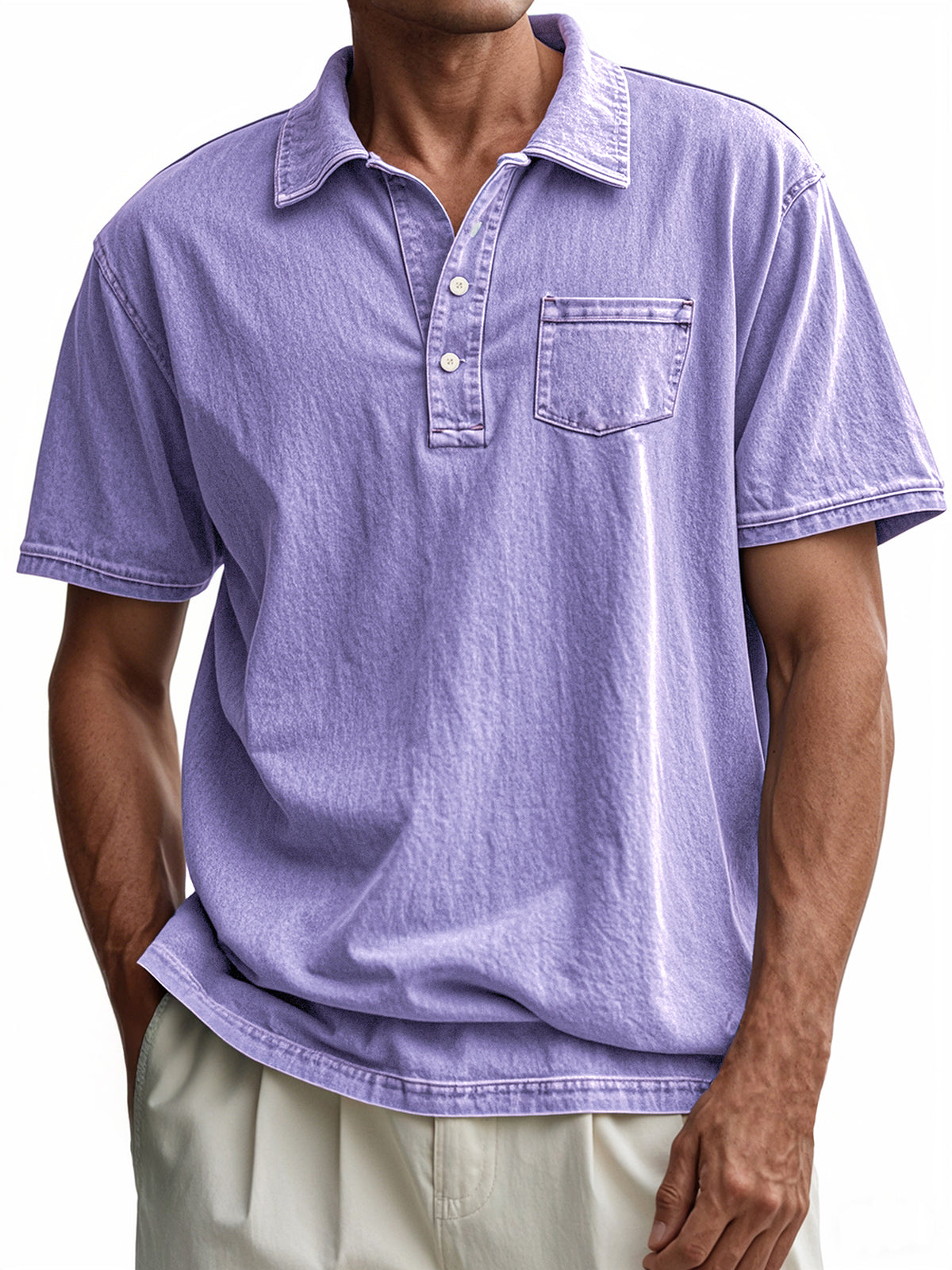 Men's Vintage Distressed Button-Down Short Sleeve POLO Shirt With Chest Pocket