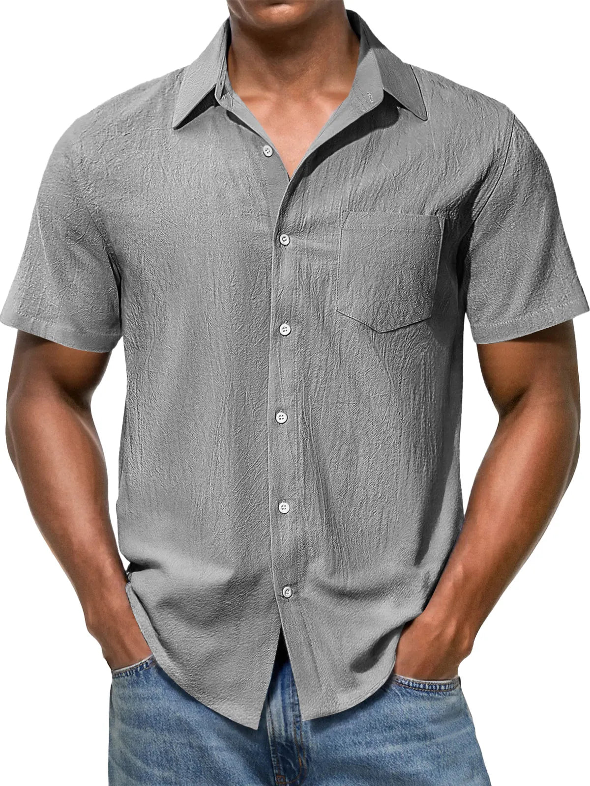 Men's Casual Texture Lapel Pocket Solid Color Comfortable Short Sleeve Shirt
