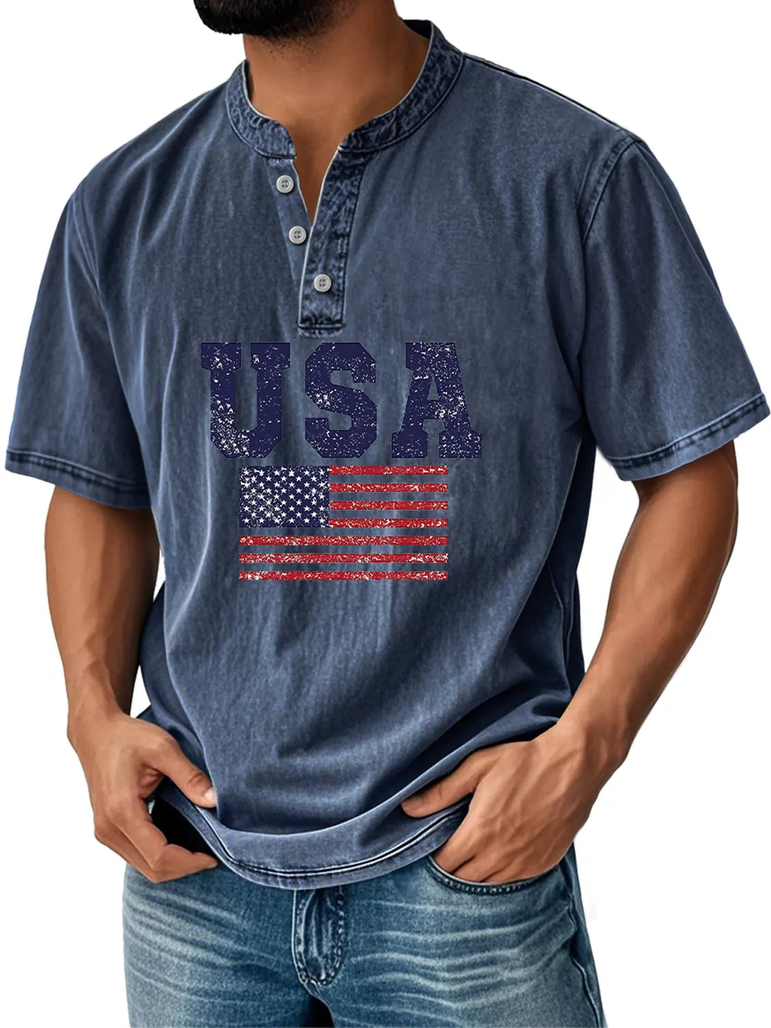 Men's Everyday Independence Day Flag Print Casual Stand Collar Short Sleeve Henley Shirt