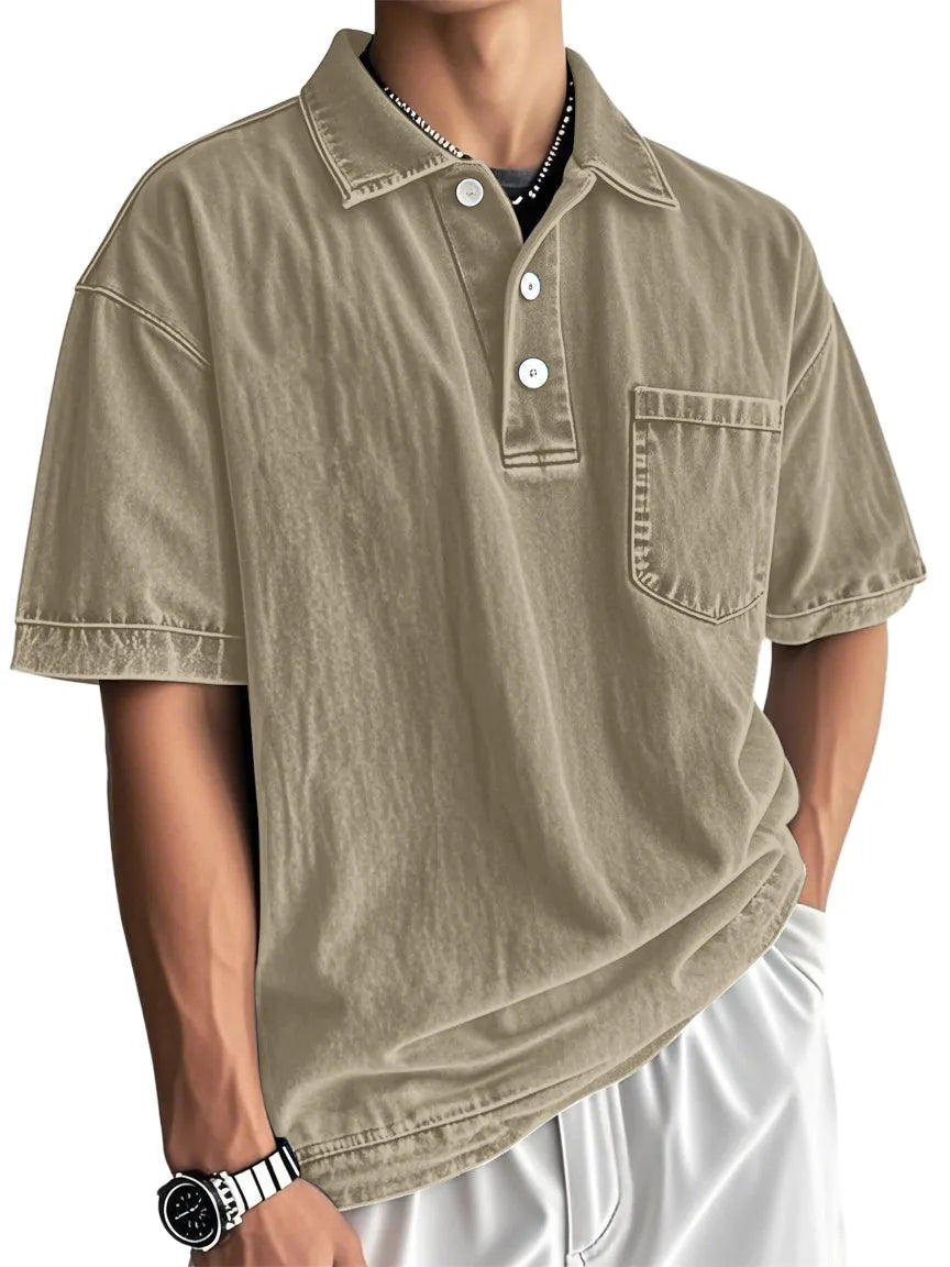 Men's Washed And Distressed Cotton Vintage Casual Polo Shirt