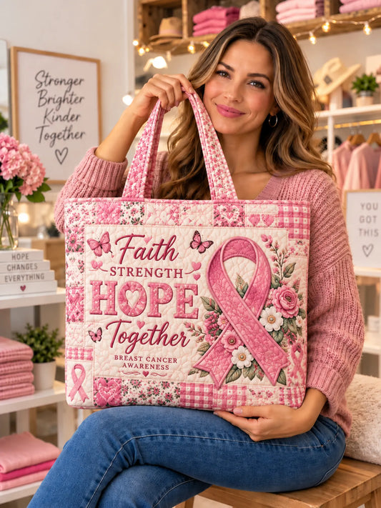 Faith Hope Pink Ribbon Floral Patchwork Quilted Tote Bag