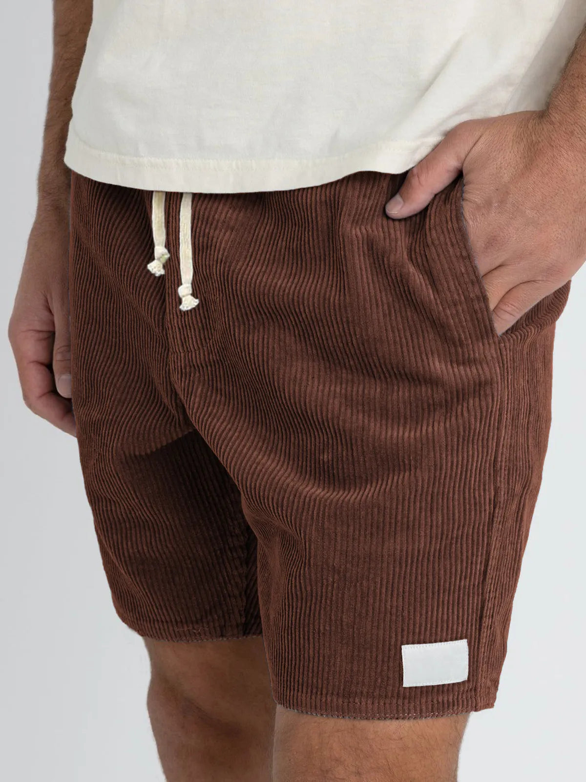 Men's Stylish Corduroy Basics Embroidered Logo Comfortable Everyday Lace-Up Shorts with Side Pockets